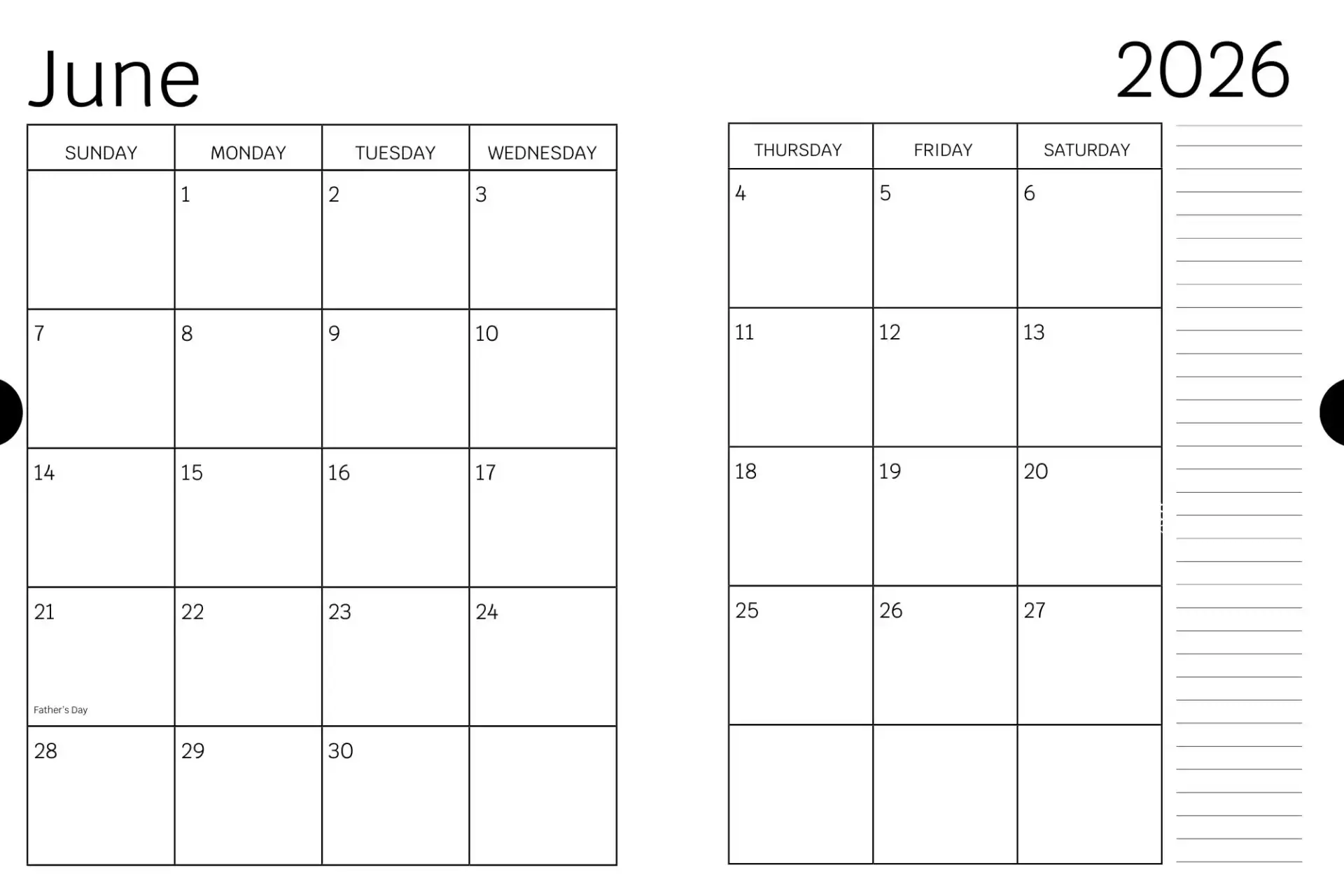 2026 Minimal Planner digital June calendar
