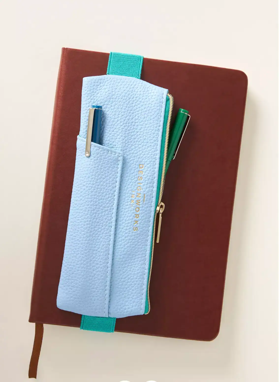 Vegan Leather Pen Pouch - Light Blue + Green Lifestyle