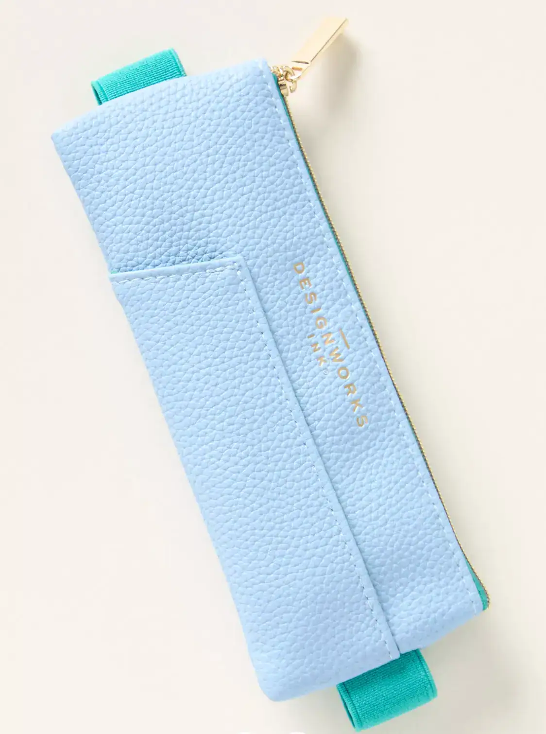 Vegan Leather Pen Pouch - Light Blue + Green